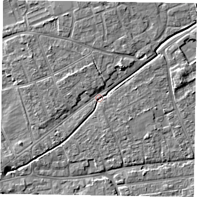 Shaded relief map of the ground around PO197LR, computed from Environment Agency LiDAR. The ground here sits at about 15 m above sea level and falls 7 m across the surrounding 800 m. Surface water reaching this point runs off ground lying to the north-east, 5.4 m higher.