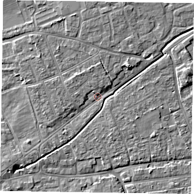 Shaded relief map of the ground around PO197LS, computed from Environment Agency LiDAR. The ground here sits at about 15 m above sea level and falls 7 m across the surrounding 800 m. Surface water reaching this point runs off ground lying to the north-east, 4.1 m higher.
