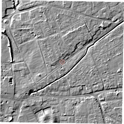 Shaded relief map of the ground around PO197LT, computed from Environment Agency LiDAR. The ground here sits at about 15 m above sea level and falls 8 m across the surrounding 800 m. Surface water reaching this point runs off ground lying to the north-east, 4.5 m higher.