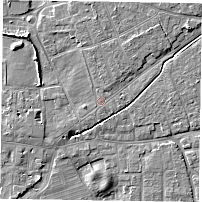 Shaded relief map of the ground around PO197LU, computed from Environment Agency LiDAR. The ground here sits at about 14 m above sea level and falls 8 m across the surrounding 800 m. Surface water reaching this point runs off ground lying to the north-east, 4.7 m higher.