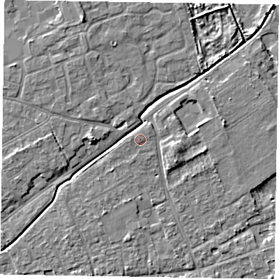 Shaded relief map of the ground around PO197NN, computed from Environment Agency LiDAR. The ground here sits at about 17 m above sea level and falls 8 m across the surrounding 800 m. Surface water reaching this point runs off ground lying to the west, 0.8 m higher.
