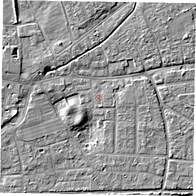 Shaded relief map of the ground around PO197PA, computed from Environment Agency LiDAR. The ground here sits at about 14 m above sea level and falls 7 m across the surrounding 800 m. Surface water reaching this point runs off ground lying to the east, 0.7 m higher.
