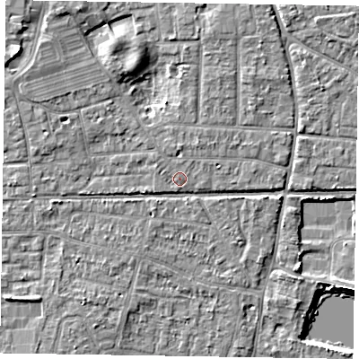 Shaded relief map of the ground around PO197PD, computed from Environment Agency LiDAR. The ground here sits at about 13 m above sea level and falls 7 m across the surrounding 800 m. Surface water reaching this point runs off ground lying to the north, 1.5 m higher.