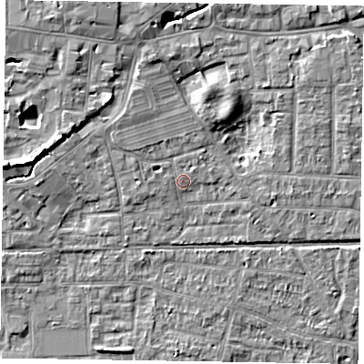 Shaded relief map of the ground around PO197PF, computed from Environment Agency LiDAR. The ground here sits at about 13 m above sea level and falls 7 m across the surrounding 800 m. Surface water reaching this point runs off ground lying to the north-west, 1.8 m higher.