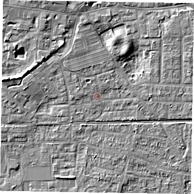 Shaded relief map of the ground around PO197PG, computed from Environment Agency LiDAR. The ground here sits at about 12 m above sea level and falls 7 m across the surrounding 800 m. Surface water reaching this point runs off ground lying to the north-north-west, 1.7 m higher.