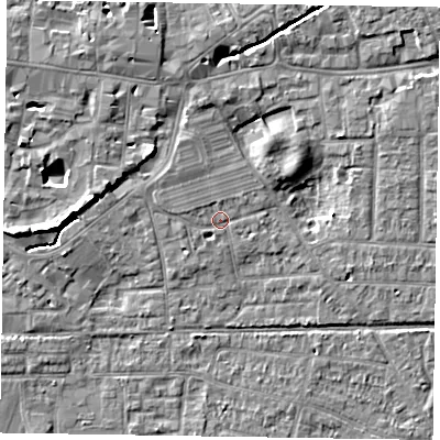 Shaded relief map of the ground around PO197PH, computed from Environment Agency LiDAR. The ground here sits at about 13 m above sea level and falls 7 m across the surrounding 800 m. Surface water reaching this point runs off ground lying to the north-west, 1.2 m higher.