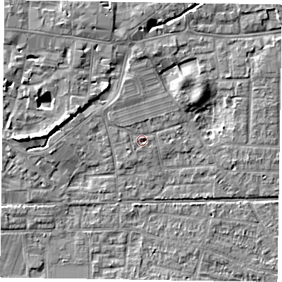 Shaded relief map of the ground around PO197PJ, computed from Environment Agency LiDAR. The ground here sits at about 13 m above sea level and falls 7 m across the surrounding 800 m. Surface water reaching this point runs off ground lying to the north-north-west, 0.9 m higher.