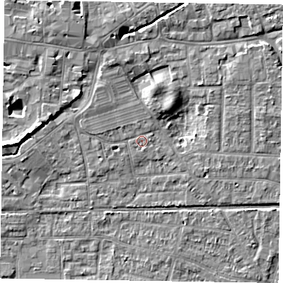 Shaded relief map of the ground around PO197PQ, computed from Environment Agency LiDAR. The ground here sits at about 13 m above sea level and falls 7 m across the surrounding 800 m. Surface water reaching this point runs off ground lying to the south-south-east, 0.8 m higher.