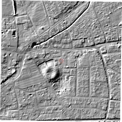 Shaded relief map of the ground around PO197PR, computed from Environment Agency LiDAR. The ground here sits at about 13 m above sea level and falls 7 m across the surrounding 800 m. Surface water reaching this point runs off ground lying to the south-south-west, 1.4 m higher.