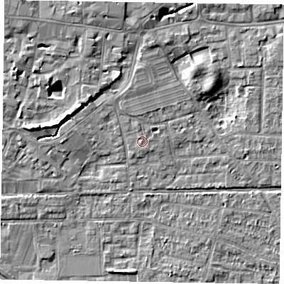 Shaded relief map of the ground around PO197PW, computed from Environment Agency LiDAR. The ground here sits at about 13 m above sea level and falls 7 m across the surrounding 800 m. Surface water reaching this point runs off ground lying to the north-north-west, 0.6 m higher.