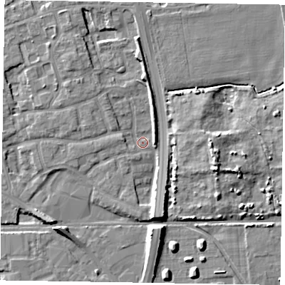 Shaded relief map of the ground around PO197QH, computed from Environment Agency LiDAR. The ground here sits at about 13 m above sea level and falls 8 m across the surrounding 800 m. Surface water reaching this point runs off ground lying to the west, 2.6 m higher.