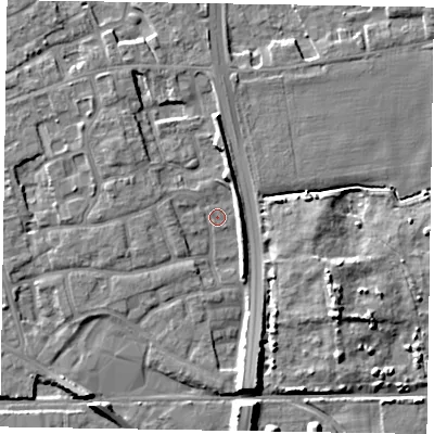 Shaded relief map of the ground around PO197QJ, computed from Environment Agency LiDAR. The ground here sits at about 14 m above sea level and falls 8 m across the surrounding 800 m. Surface water reaching this point runs off ground lying to the west-north-west, 3.8 m higher.