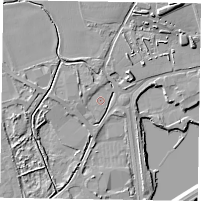 Shaded relief map of the ground around PO197QL, computed from Environment Agency LiDAR. The ground here sits at about 19 m above sea level and falls 17 m across the surrounding 800 m. Surface water reaching this point runs off ground lying to the north-west, 2.7 m higher.