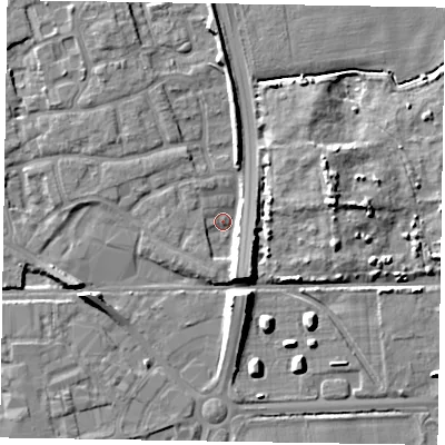 Shaded relief map of the ground around PO197QS, computed from Environment Agency LiDAR. The ground here sits at about 13 m above sea level and falls 8 m across the surrounding 800 m. Surface water reaching this point runs off ground lying to the east-north-east, 7.2 m higher.