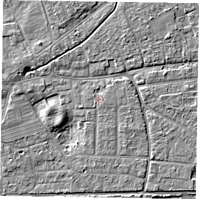 Shaded relief map of the ground around PO197QT, computed from Environment Agency LiDAR. The ground here sits at about 14 m above sea level and falls 7 m across the surrounding 800 m. Surface water reaching this point runs off ground lying to the east-north-east, 1.1 m higher.