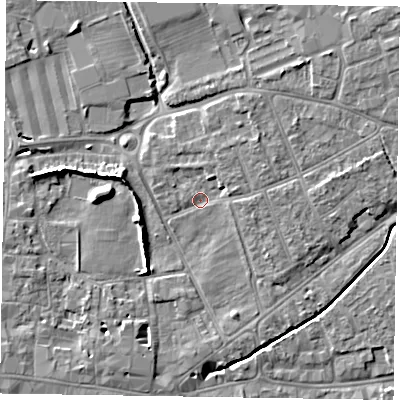 Shaded relief map of the ground around PO197SA, computed from Environment Agency LiDAR. The ground here sits at about 14 m above sea level and falls 7 m across the surrounding 800 m. Surface water reaching this point runs off ground lying to the west, 6.1 m higher.