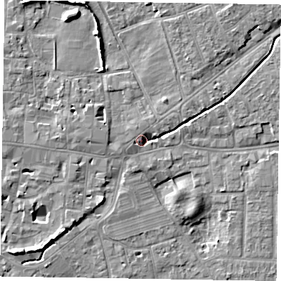 Shaded relief map of the ground around PO197SH, computed from Environment Agency LiDAR. The ground here sits at about 14 m above sea level and falls 8 m across the surrounding 800 m. Surface water reaching this point runs off ground lying to the north-north-east, 3.1 m higher.