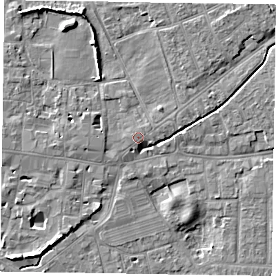 Shaded relief map of the ground around PO197SJ, computed from Environment Agency LiDAR. The ground here sits at about 15 m above sea level and falls 8 m across the surrounding 800 m. Surface water reaching this point runs off ground lying to the north-east, 0.6 m higher.