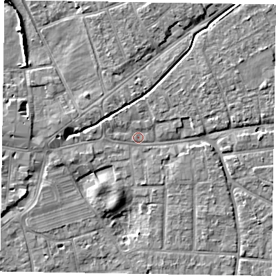 Shaded relief map of the ground around PO197TN, computed from Environment Agency LiDAR. The ground here sits at about 13 m above sea level and falls 7 m across the surrounding 800 m. Surface water reaching this point runs off ground lying to the north-east, 4.0 m higher.