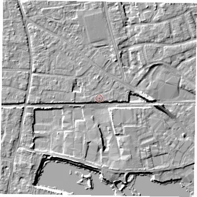 Shaded relief map of the ground around PO197TP, computed from Environment Agency LiDAR. The ground here sits at about 14 m above sea level and falls 8 m across the surrounding 800 m. Surface water reaching this point runs off ground lying to the north, 0.9 m higher.