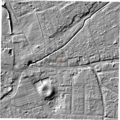 Shaded relief map of the ground around PO197TU, computed from Environment Agency LiDAR. The ground here sits at about 14 m above sea level and falls 7 m across the surrounding 800 m. Surface water reaching this point runs off ground lying to the north-north-east, 1.0 m higher.