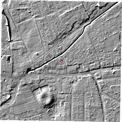 Shaded relief map of the ground around PO197TX, computed from Environment Agency LiDAR. The ground here sits at about 14 m above sea level and falls 9 m across the surrounding 800 m. Surface water reaching this point runs off ground lying to the north-east, 0.9 m higher.
