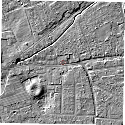 Shaded relief map of the ground around PO197TY, computed from Environment Agency LiDAR. The ground here sits at about 14 m above sea level and falls 7 m across the surrounding 800 m. Surface water reaching this point runs off ground lying to the north-east, 4.0 m higher.