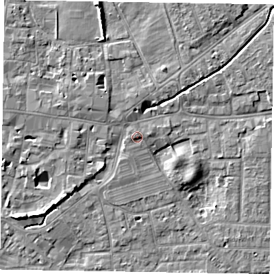 Shaded relief map of the ground around PO197UD, computed from Environment Agency LiDAR. The ground here sits at about 14 m above sea level and falls 7 m across the surrounding 800 m. Surface water reaching this point runs off ground lying to the north-west, 1.1 m higher.