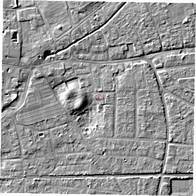 Shaded relief map of the ground around PO197UP, computed from Environment Agency LiDAR. The ground here sits at about 13 m above sea level and falls 7 m across the surrounding 800 m. Surface water reaching this point runs off ground lying to the north-east, 6.0 m higher.