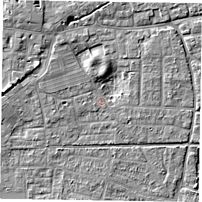 Shaded relief map of the ground around PO197US, computed from Environment Agency LiDAR. The ground here sits at about 13 m above sea level and falls 7 m across the surrounding 800 m. Surface water reaching this point runs off ground lying to the north-east, 5.1 m higher.