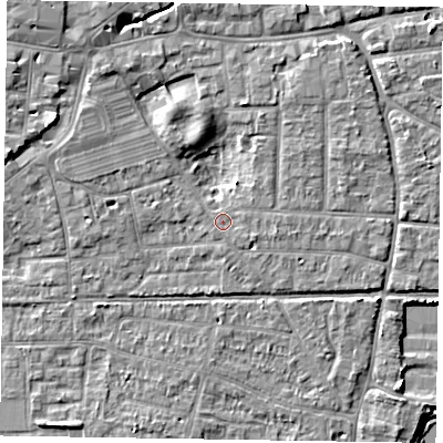 Shaded relief map of the ground around PO197UT, computed from Environment Agency LiDAR. The ground here sits at about 13 m above sea level and falls 7 m across the surrounding 800 m. Surface water reaching this point runs off ground lying to the north-east, 3.0 m higher.