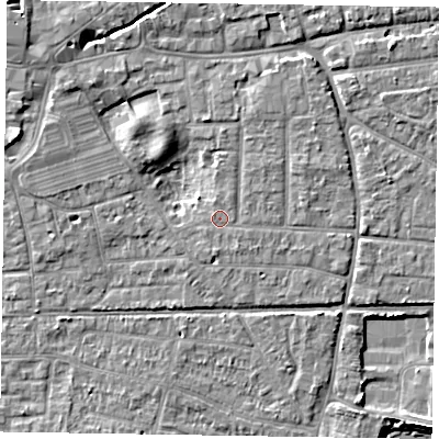 Shaded relief map of the ground around PO197UU, computed from Environment Agency LiDAR. The ground here sits at about 13 m above sea level and falls 7 m across the surrounding 800 m. Surface water reaching this point runs off ground lying to the north-east, 2.3 m higher.
