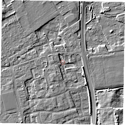 Shaded relief map of the ground around PO197WR, computed from Environment Agency LiDAR. The ground here sits at about 14 m above sea level and falls 8 m across the surrounding 800 m. Surface water reaching this point runs off ground lying to the south-south-west, 3.8 m higher.