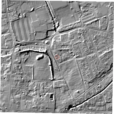 Shaded relief map of the ground around PO197XH, computed from Environment Agency LiDAR. The ground here sits at about 14 m above sea level and falls 7 m across the surrounding 800 m. Surface water reaching this point runs off ground lying to the west, 6.1 m higher.
