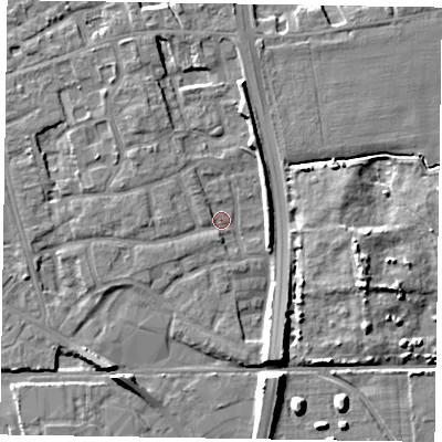 Shaded relief map of the ground around PO197XL, computed from Environment Agency LiDAR. The ground here sits at about 14 m above sea level and falls 8 m across the surrounding 800 m. Surface water reaching this point runs off ground lying to the north-west, 3.8 m higher.