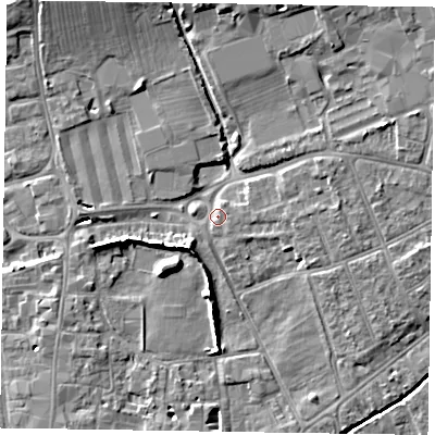 Shaded relief map of the ground around PO197XT, computed from Environment Agency LiDAR. The ground here sits at about 14 m above sea level and falls 7 m across the surrounding 800 m. Surface water reaching this point runs off ground lying to the south-west, 4.5 m higher.