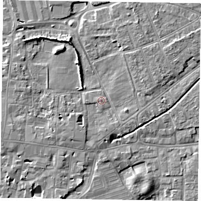 Shaded relief map of the ground around PO197XY, computed from Environment Agency LiDAR. The ground here sits at about 15 m above sea level and falls 8 m across the surrounding 800 m. Surface water reaching this point runs off ground lying to the north-east, 4.3 m higher.