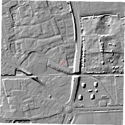 Shaded relief map of the ground around PO197YA, computed from Environment Agency LiDAR. The ground here sits at about 14 m above sea level and falls 10 m across the surrounding 800 m. Surface water reaching this point runs off ground lying to the east-north-east, 7.2 m higher.