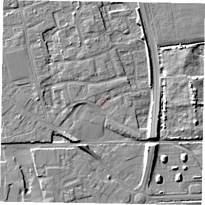 Shaded relief map of the ground around PO197YB, computed from Environment Agency LiDAR. The ground here sits at about 14 m above sea level and falls 9 m across the surrounding 800 m. Surface water reaching this point runs off ground lying to the north-north-east, 1.6 m higher.