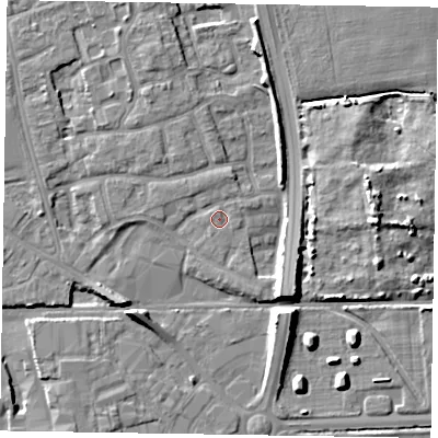 Shaded relief map of the ground around PO197YE, computed from Environment Agency LiDAR. The ground here sits at about 14 m above sea level and falls 9 m across the surrounding 800 m. Surface water reaching this point runs off ground lying to the north-north-west, 1.2 m higher.