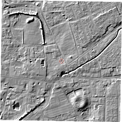 Shaded relief map of the ground around PO197YF, computed from Environment Agency LiDAR. The ground here sits at about 14 m above sea level and falls 8 m across the surrounding 800 m. Surface water reaching this point runs off ground lying to the north-east, 3.7 m higher.