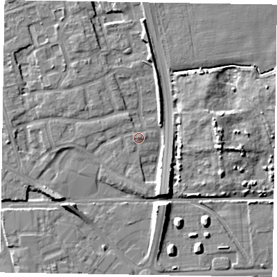 Shaded relief map of the ground around PO197YL, computed from Environment Agency LiDAR. The ground here sits at about 14 m above sea level and falls 8 m across the surrounding 800 m. Surface water reaching this point runs off ground lying to the north-west, 2.1 m higher.