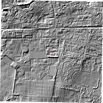 Shaded relief map of the ground around PO198AA, computed from Environment Agency LiDAR. The ground here sits at about 11 m above sea level and falls 8 m across the surrounding 800 m. Surface water reaching this point runs off ground lying to the east-north-east, 1.9 m higher.