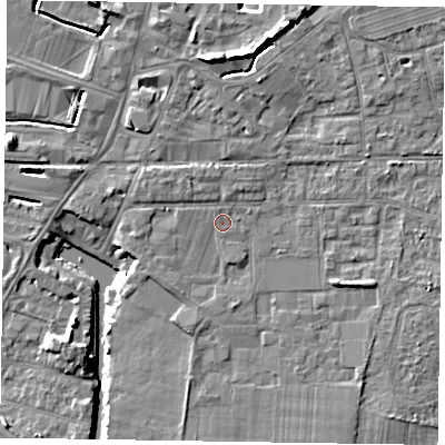 Shaded relief map of the ground around PO198AD, computed from Environment Agency LiDAR. The ground here sits at about 11 m above sea level and falls 11 m across the surrounding 800 m. Surface water reaching this point runs off ground lying to the north-west, 1.5 m higher.