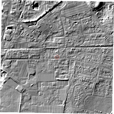 Shaded relief map of the ground around PO198AH, computed from Environment Agency LiDAR. The ground here sits at about 11 m above sea level and falls 11 m across the surrounding 800 m. Surface water reaching this point runs off ground lying to the north-east, 1.0 m higher.