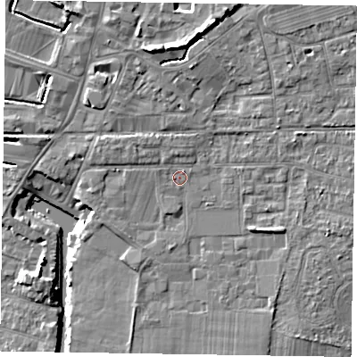 Shaded relief map of the ground around PO198AL, computed from Environment Agency LiDAR. The ground here sits at about 11 m above sea level and falls 11 m across the surrounding 800 m. Surface water reaching this point runs off ground lying to the west-north-west, 1.6 m higher.