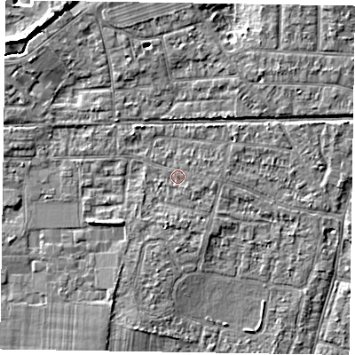 Shaded relief map of the ground around PO198AN, computed from Environment Agency LiDAR. The ground here sits at about 12 m above sea level and falls 7 m across the surrounding 800 m. Surface water reaching this point runs off ground lying to the south-east, 0.7 m higher.