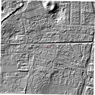 Shaded relief map of the ground around PO198AP, computed from Environment Agency LiDAR. The ground here sits at about 12 m above sea level and falls 7 m across the surrounding 800 m. Surface water reaching this point runs off ground lying to the east, 1.5 m higher.