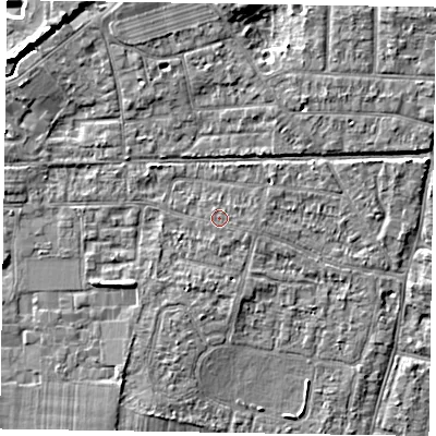 Shaded relief map of the ground around PO198AW, computed from Environment Agency LiDAR. The ground here sits at about 12 m above sea level and falls 7 m across the surrounding 800 m. The ground contributing surface water to this point lies to the east-south-east.