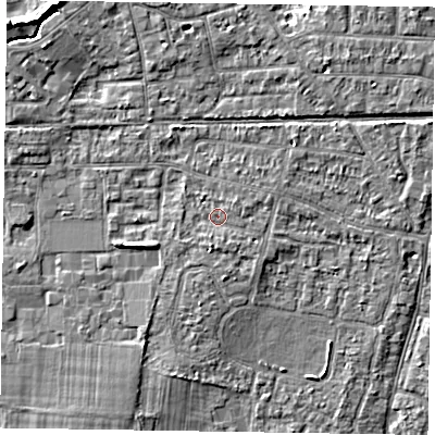 Shaded relief map of the ground around PO198DA, computed from Environment Agency LiDAR. The ground here sits at about 11 m above sea level and falls 8 m across the surrounding 800 m. Surface water reaching this point runs off ground lying to the south-south-west, 1.2 m higher.